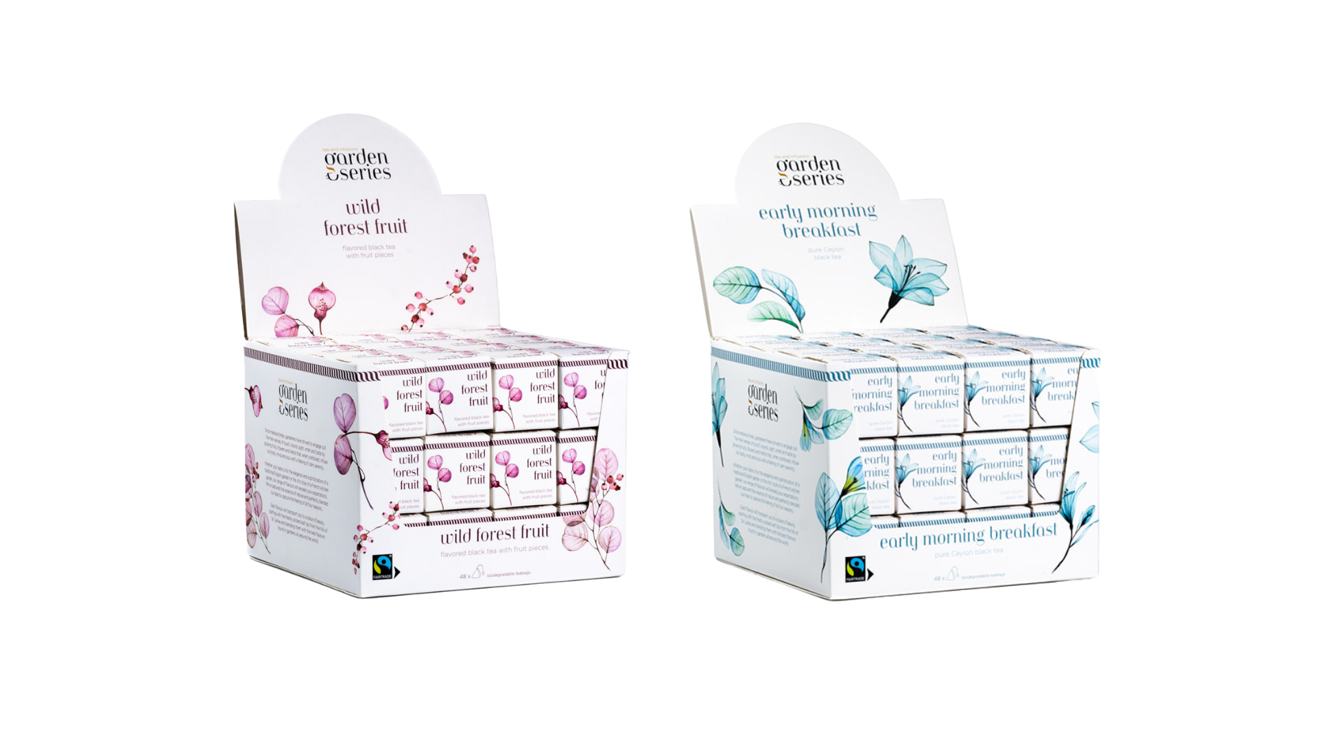 Garden Series displaybox theedoos 48 kubus wild forest fruit en early morning breakfast
